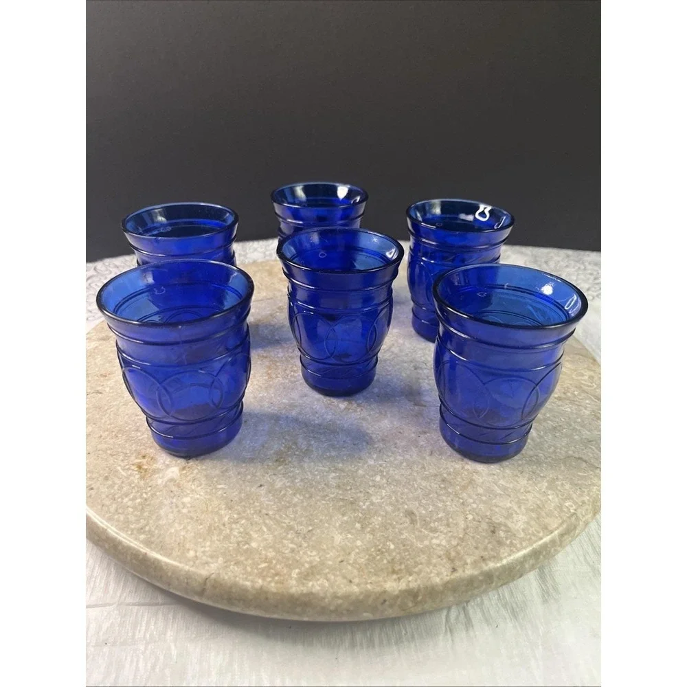 Set Of 6 -1930's Hazel Atlas Blue Cobalt Ring of Rings 3 Oz Cordial Shot Glasses